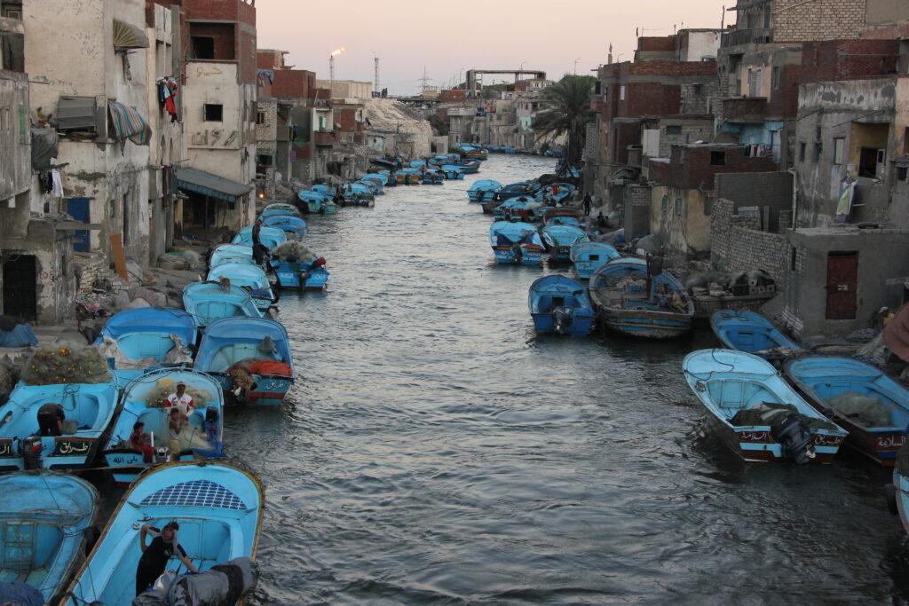 fishing boats in the Nile in the middle of a town in the Delta, Egypt