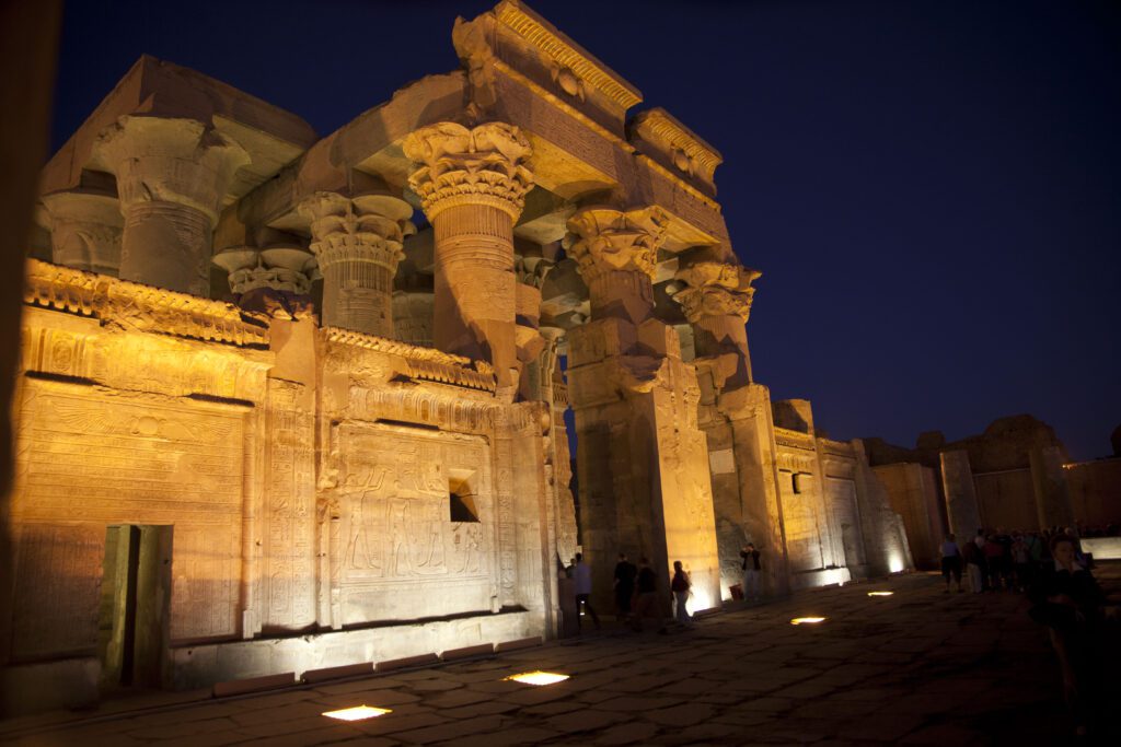 a photo showing Kom Ombo temple in Egypt at night